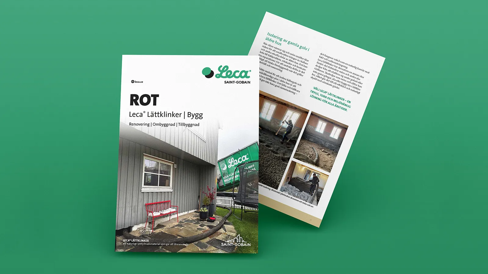 Tryckt broschyr med framsida och insida som visar ROT-projekt med Leca® Lättklinker, placerad mot grön bakgrund.