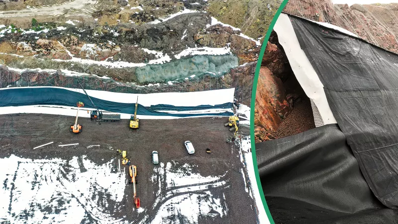 Drönarvy över bygget av Häradsudden deponi