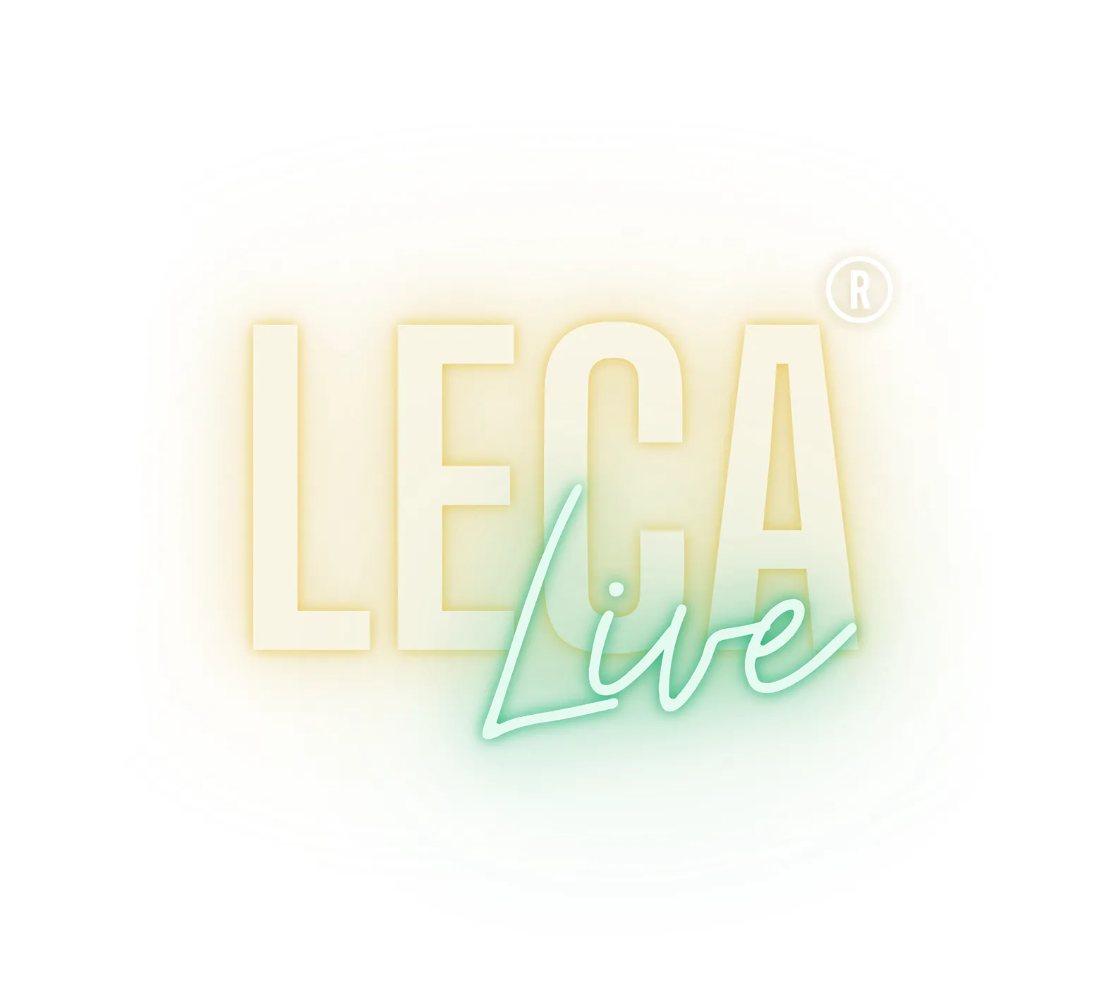 Loggo för Leca® Live ordet Leca i gul neon och Live i skrivstil i grön neon
