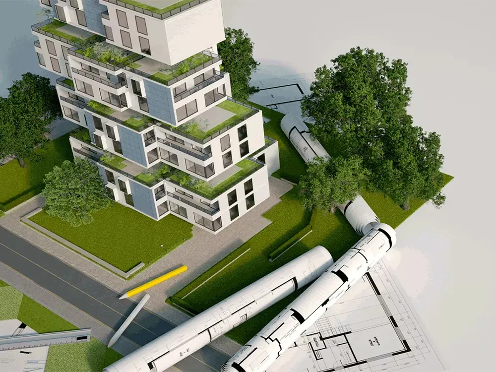 Illustration av en modern byggnad med gröna tak och terrasser, omgiven av träd, ritningar och byggrör.