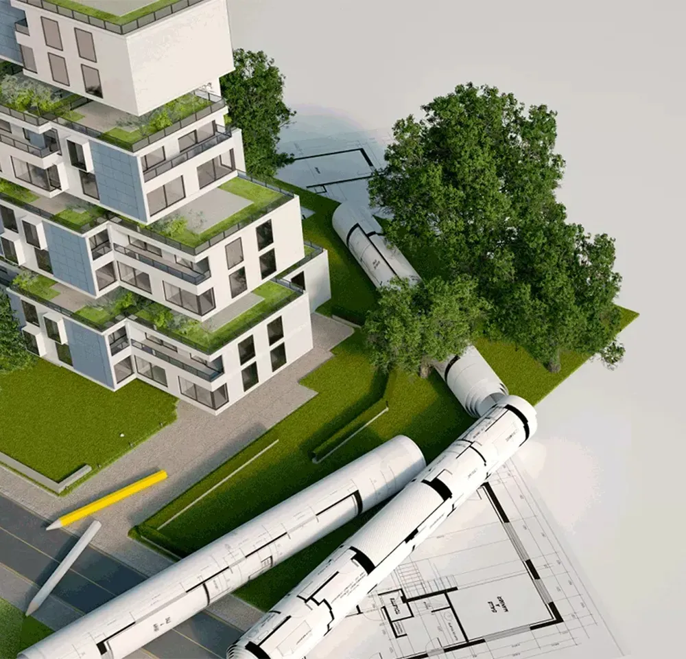 Illustration av en modern byggnad med gröna tak och terrasser, omgiven av träd, ritningar och byggrör.