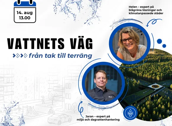 Grafik för Leca Live-webbinarium med rubriken “Vattnets väg – från tak till terräng”. Bilden visar datum och tid, 14 augusti kl. 13.00, samt två porträtt: Helen, expert på blågröna lösningar och klimatanpassade städer, och Jaran, expert på miljö och dagvattenhantering. I bakgrunden syns en skissad stadsmiljö, vattenstänk och en rund bild av en grön byggnad i skogsmiljö.