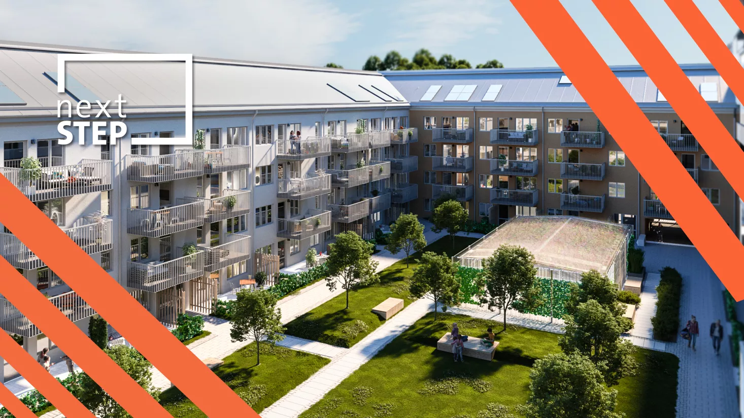 En grön innergård med orange illustrativa element och Next Step-logga